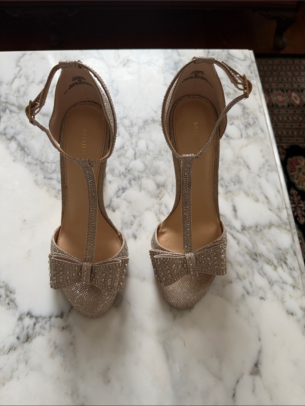 MARIPE Blush Pink T-Strap 4" Heels with Crystal Bows, size 8.5